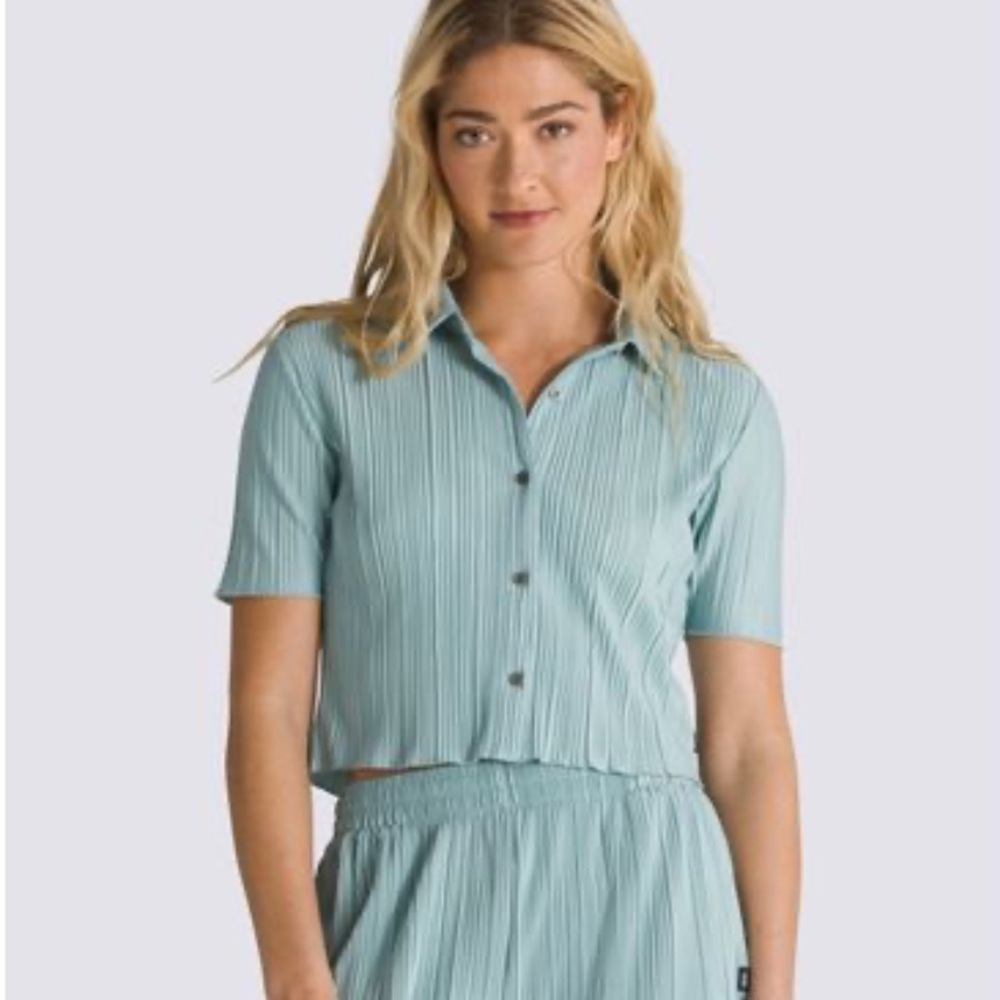 Vans Ambrosy Cropped Pleated Blue Green Women's Top Button Up Shirt Large